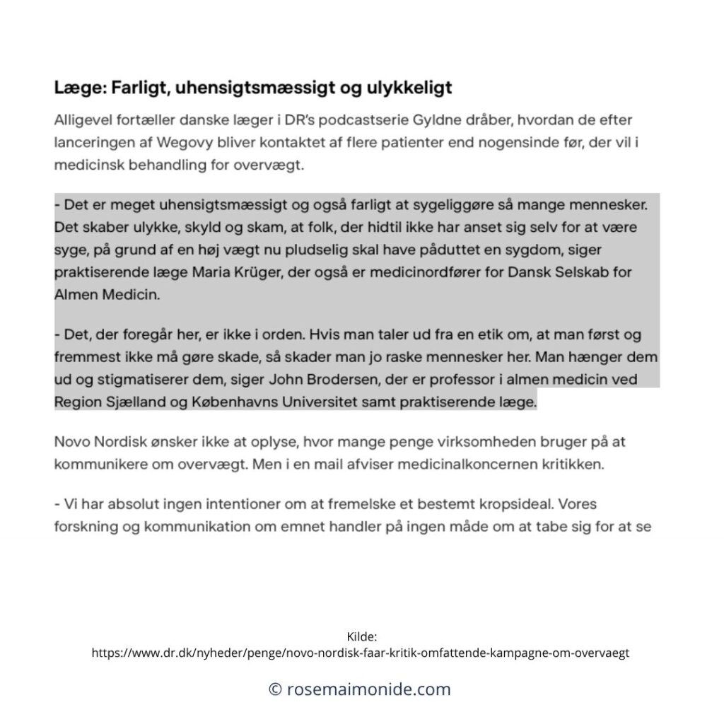 Screenshot fra artikel på DR om sygeliggørelse af overvægt
